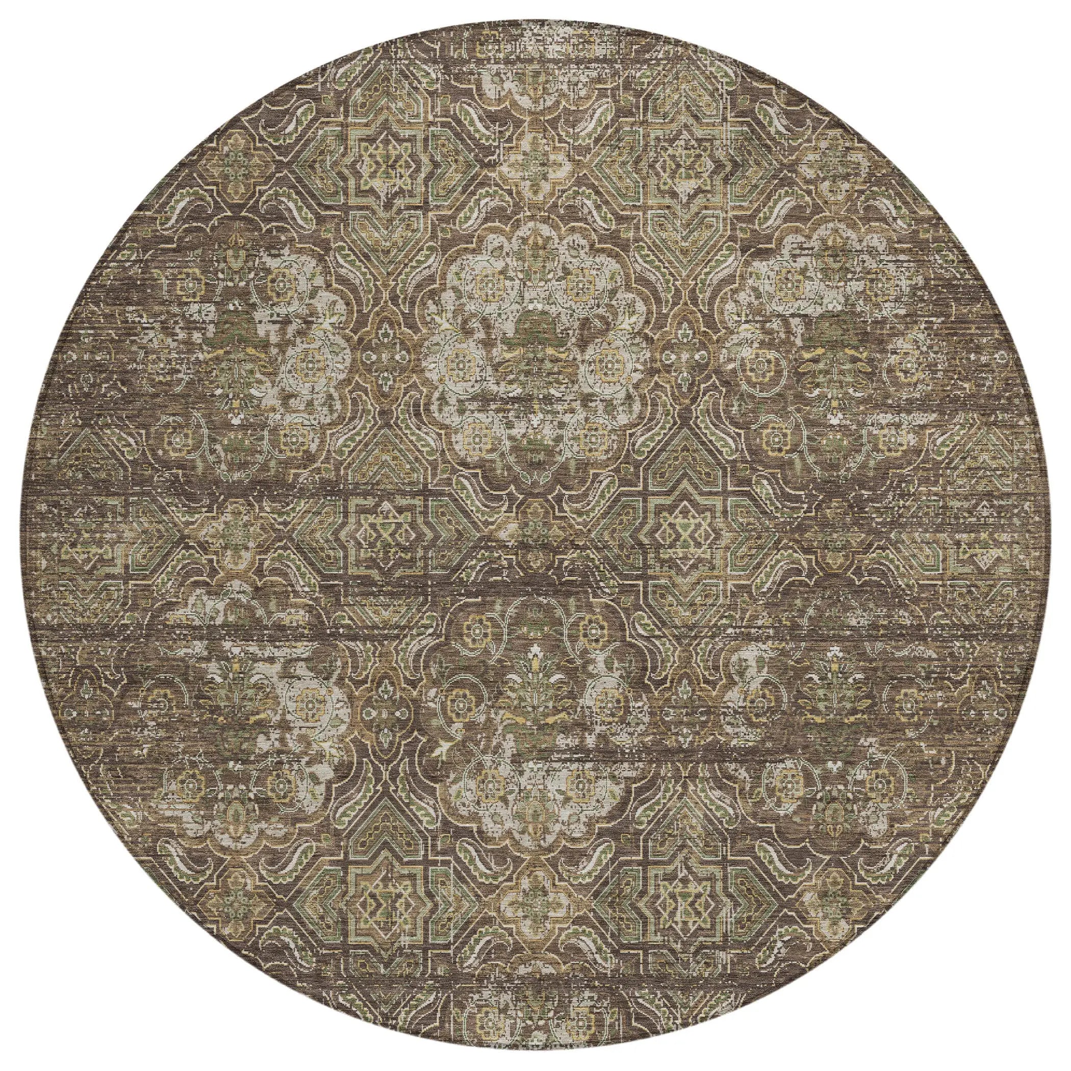 8' Chocolate And Brown Round Floral Washable Indoor Outdoor Area Rug Homeroots Outdoor