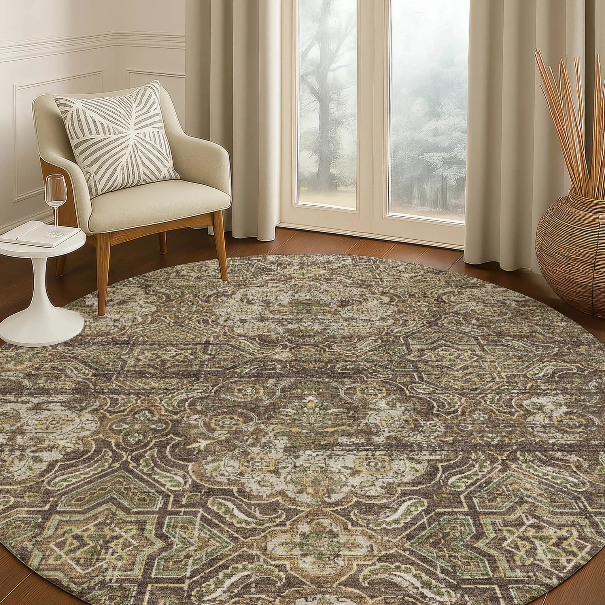 8' Chocolate And Brown Round Floral Washable Indoor Outdoor Area Rug Homeroots Outdoor
