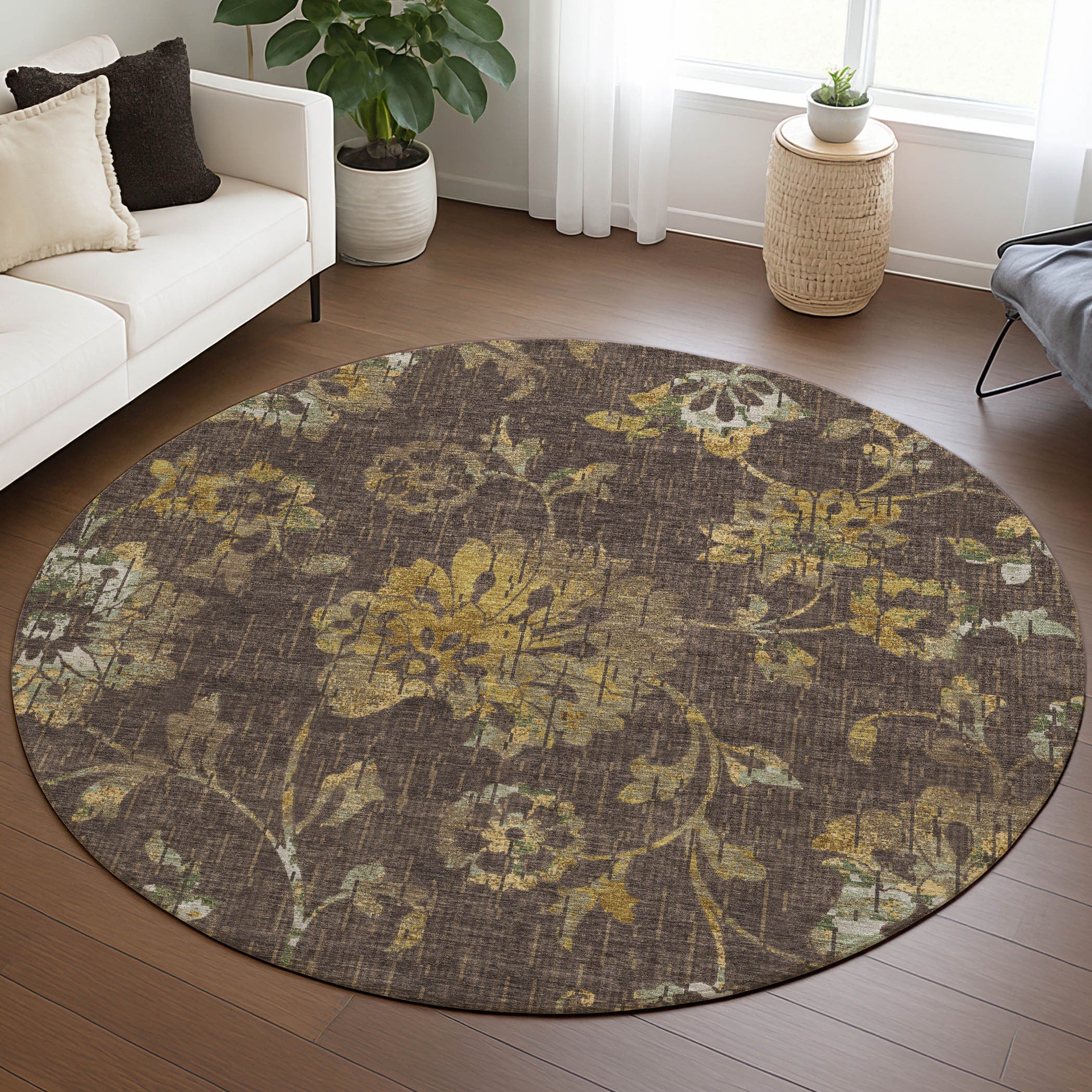 8' Chocolate And Brown Round Floral Washable Indoor Outdoor Area Rug Homeroots Outdoor