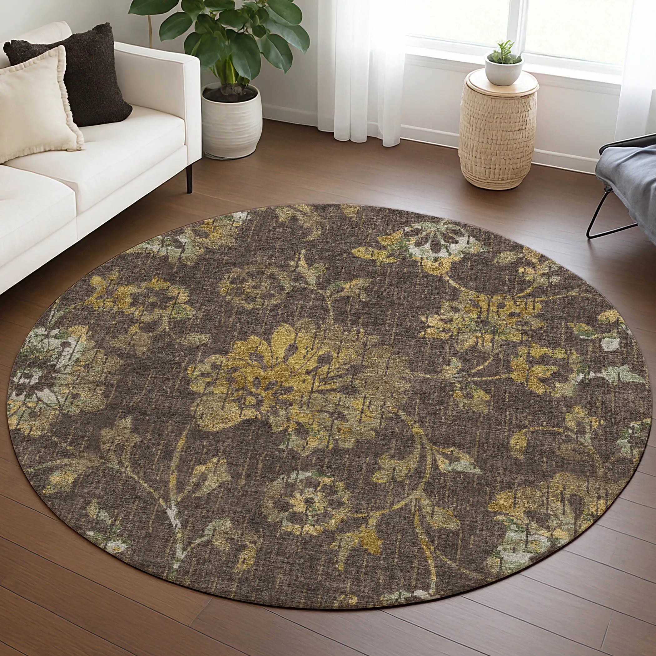 8' Chocolate And Brown Round Floral Washable Indoor Outdoor Area Rug Homeroots Outdoor