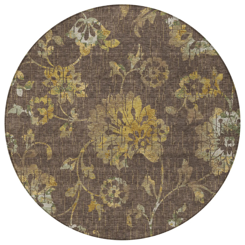 8' Chocolate And Brown Round Floral Washable Indoor Outdoor Area Rug Homeroots Outdoor