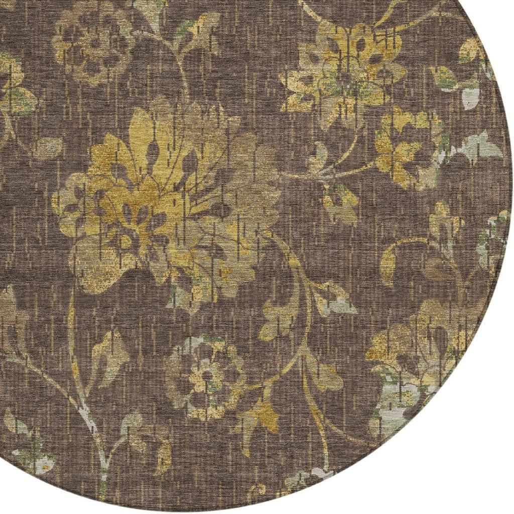 8' Chocolate And Brown Round Floral Washable Indoor Outdoor Area Rug Homeroots Outdoor