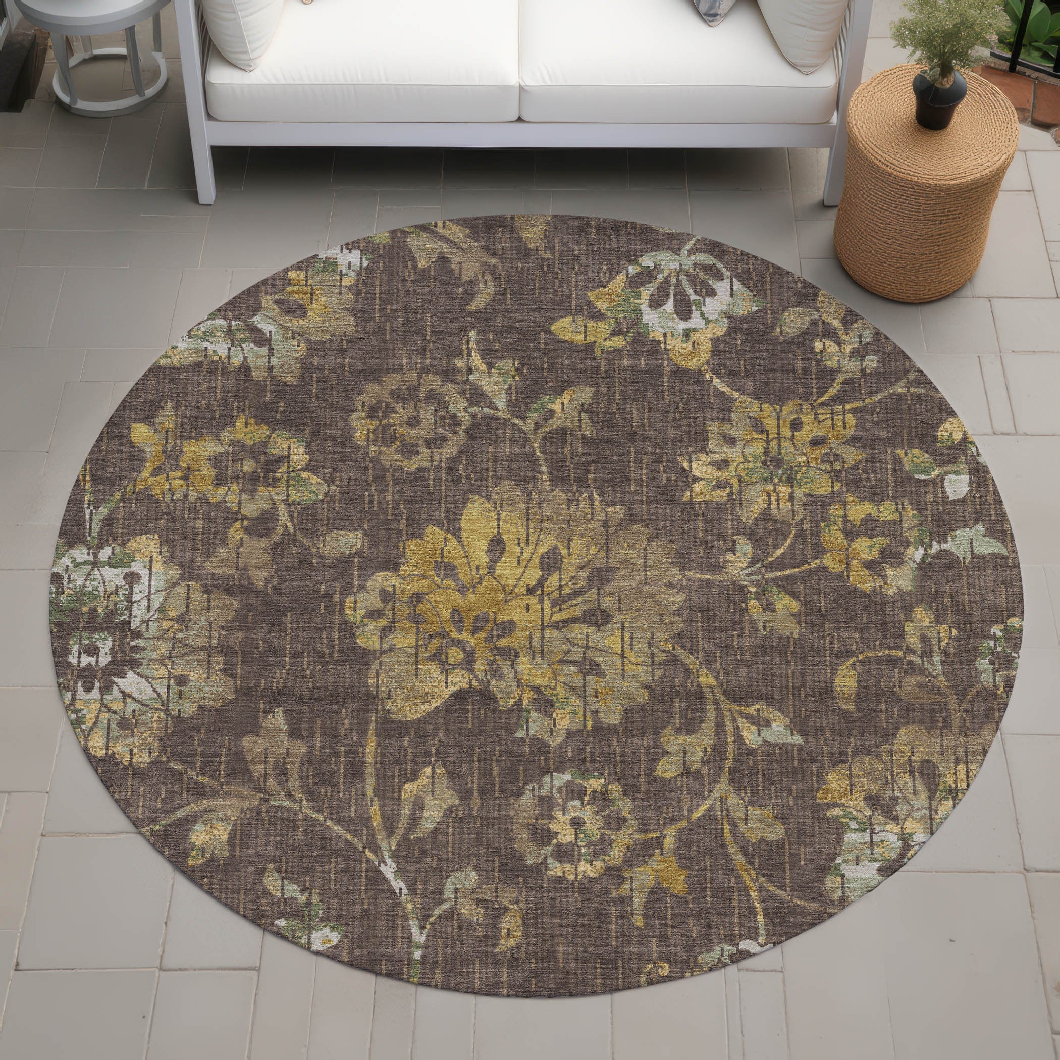 8' Chocolate And Brown Round Floral Washable Indoor Outdoor Area Rug Homeroots Outdoor