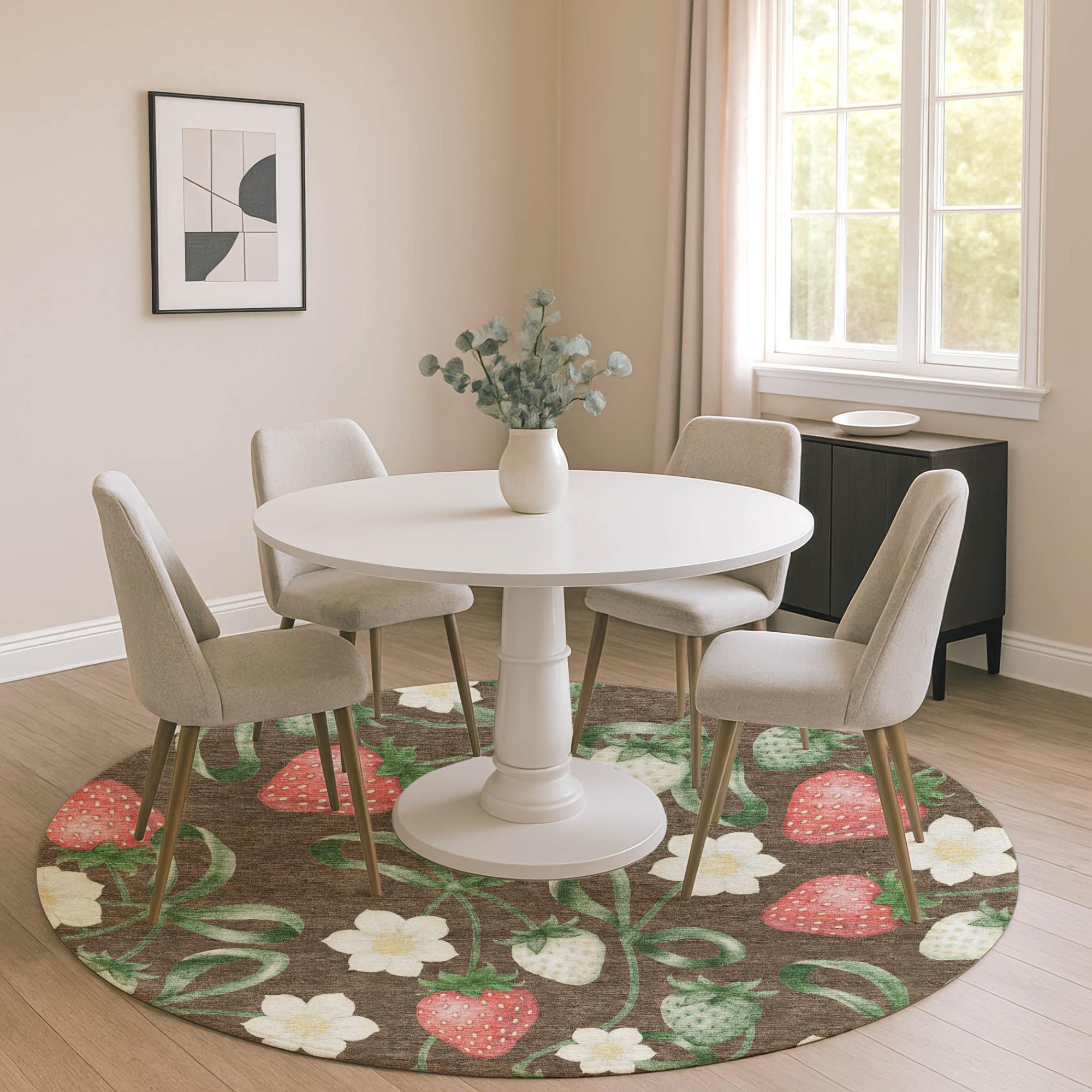 8' Chocolate And Brown Round Floral Washable Indoor Outdoor Area Rug Homeroots Outdoor