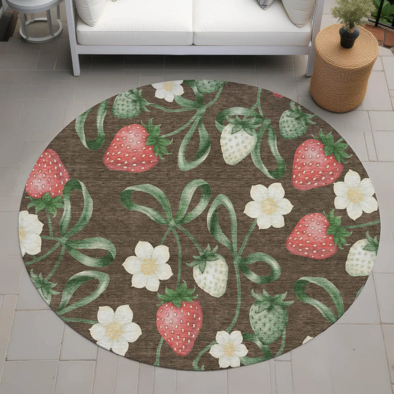 8' Chocolate And Brown Round Floral Washable Indoor Outdoor Area Rug Homeroots Outdoor