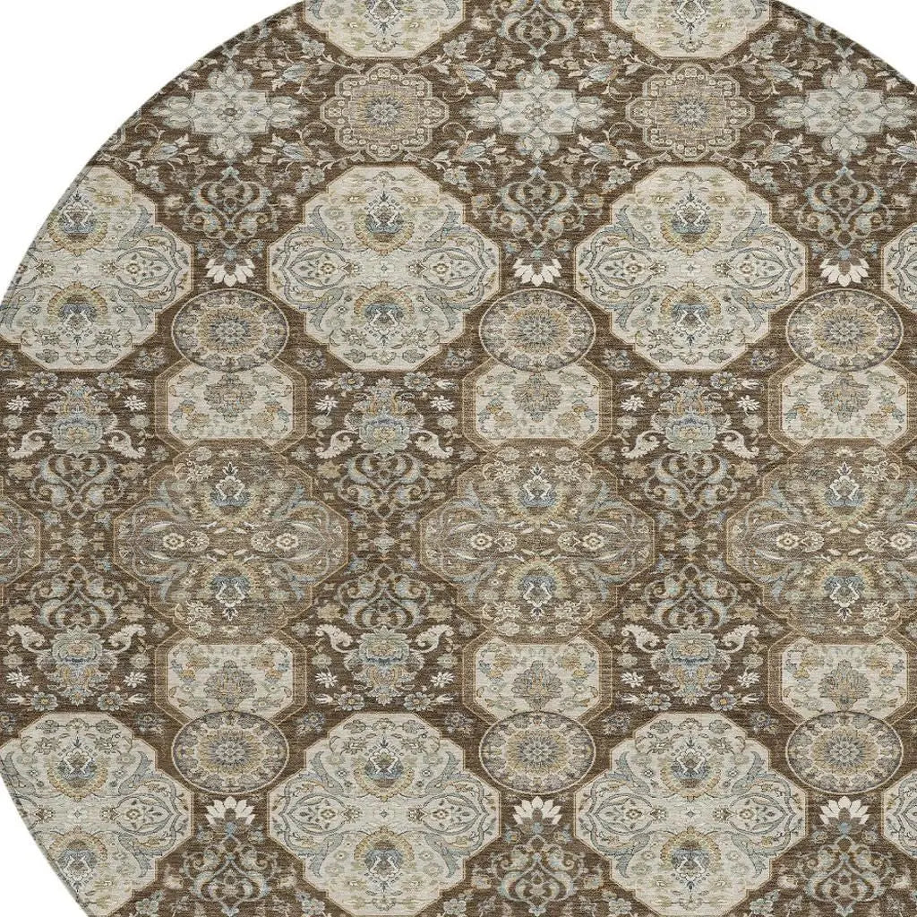 8' Chocolate And Brown Round Floral Washable Indoor Outdoor Area Rug Homeroots Outdoor