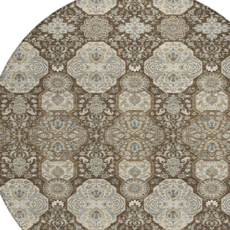 8' Chocolate And Brown Round Floral Washable Indoor Outdoor Area Rug Homeroots Outdoor