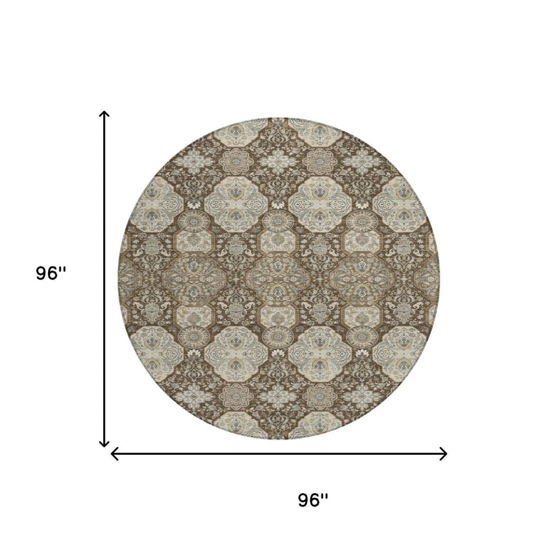 8' Chocolate And Brown Round Floral Washable Indoor Outdoor Area Rug Homeroots Outdoor