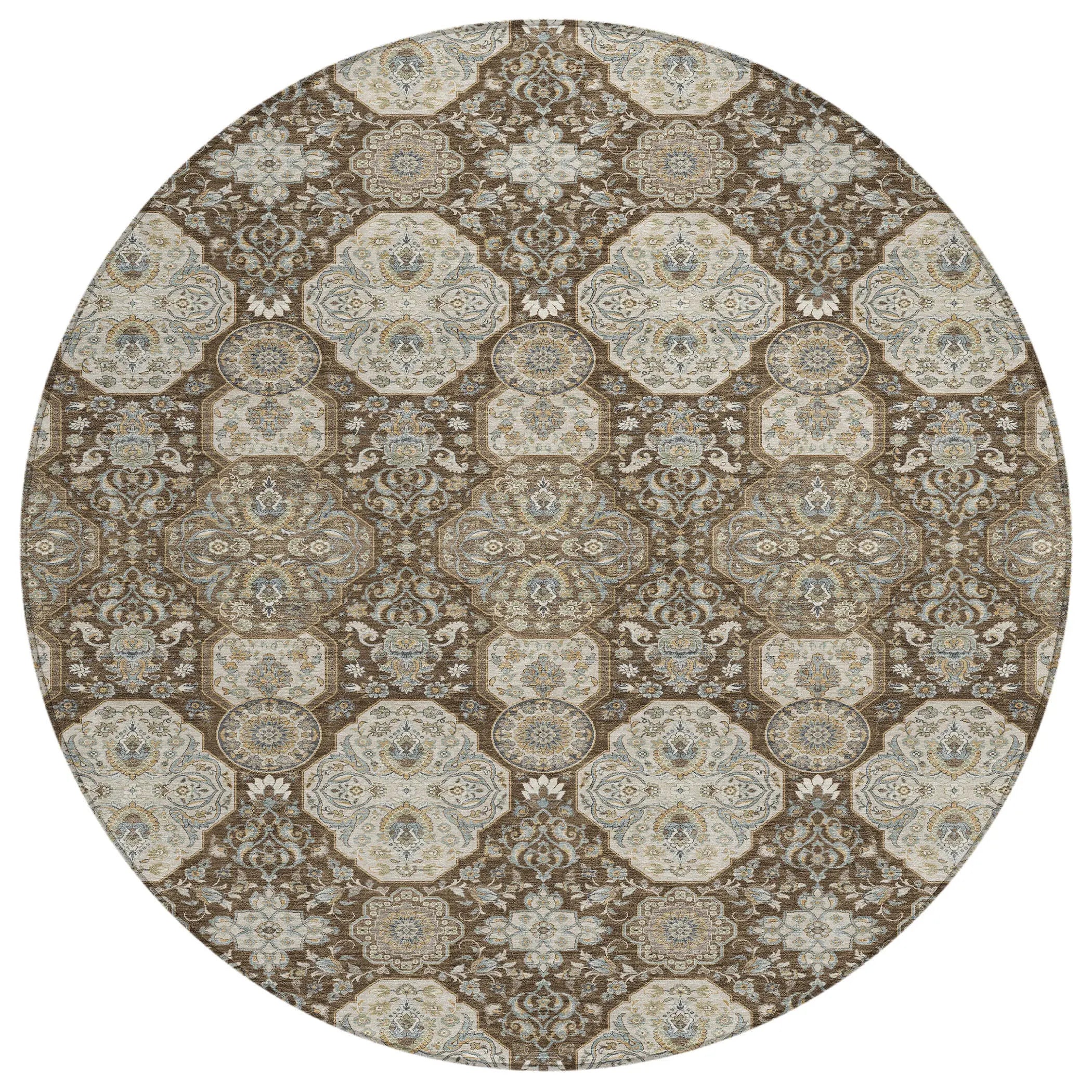 8' Chocolate And Brown Round Floral Washable Indoor Outdoor Area Rug Homeroots Outdoor
