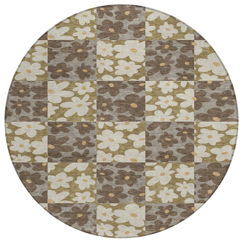 8' Chocolate And Brown Round Floral Washable Indoor Outdoor Area Rug Homeroots Outdoor