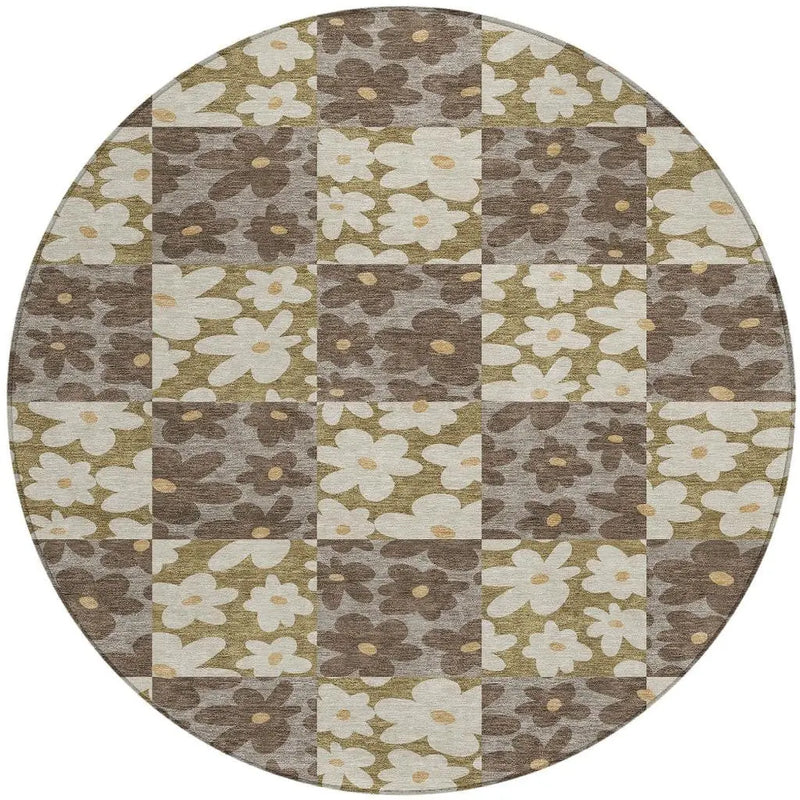 8' Chocolate And Brown Round Floral Washable Indoor Outdoor Area Rug Homeroots Outdoor