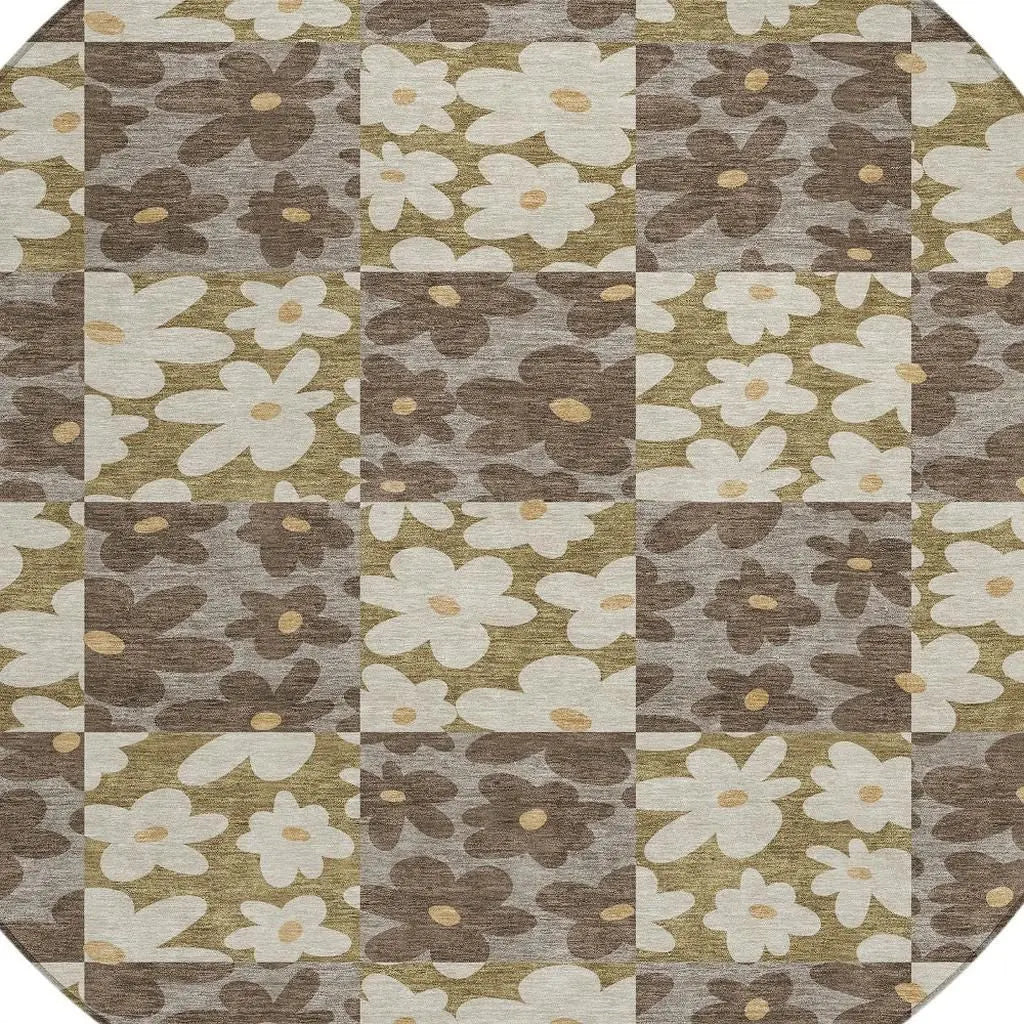 8' Chocolate And Brown Round Floral Washable Indoor Outdoor Area Rug Homeroots Outdoor