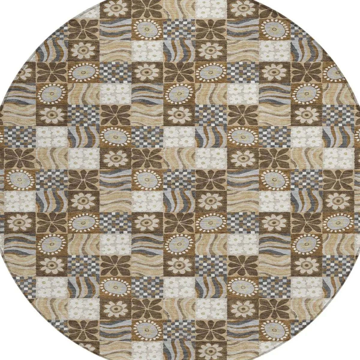 8' Chocolate And Brown Round Floral Washable Indoor Outdoor Area Rug Homeroots Outdoor