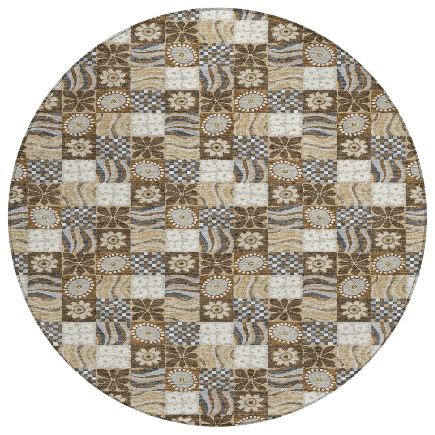 8' Chocolate And Brown Round Floral Washable Indoor Outdoor Area Rug Homeroots Outdoor