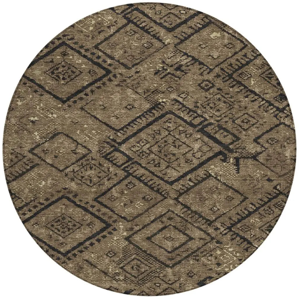 8' Chocolate And Brown Round Geometric Washable Indoor Outdoor Area Rug Homeroots Outdoor