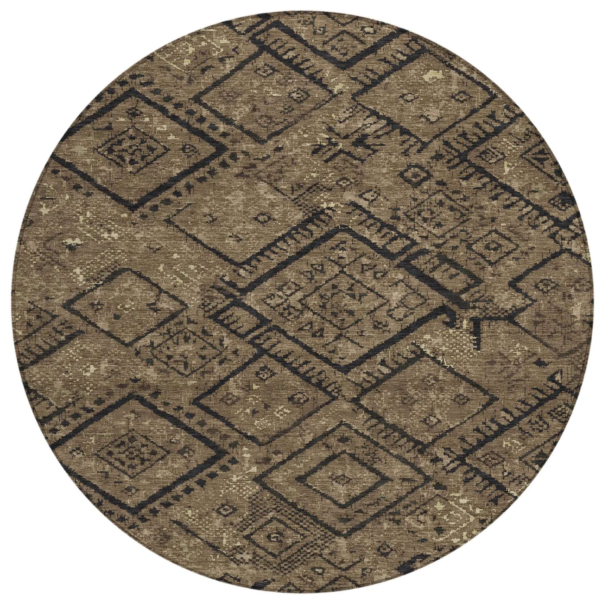 8' Chocolate And Brown Round Geometric Washable Indoor Outdoor Area Rug Homeroots Outdoor