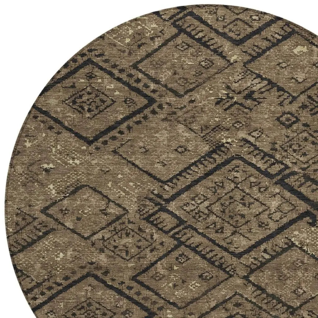 8' Chocolate And Brown Round Geometric Washable Indoor Outdoor Area Rug Homeroots Outdoor