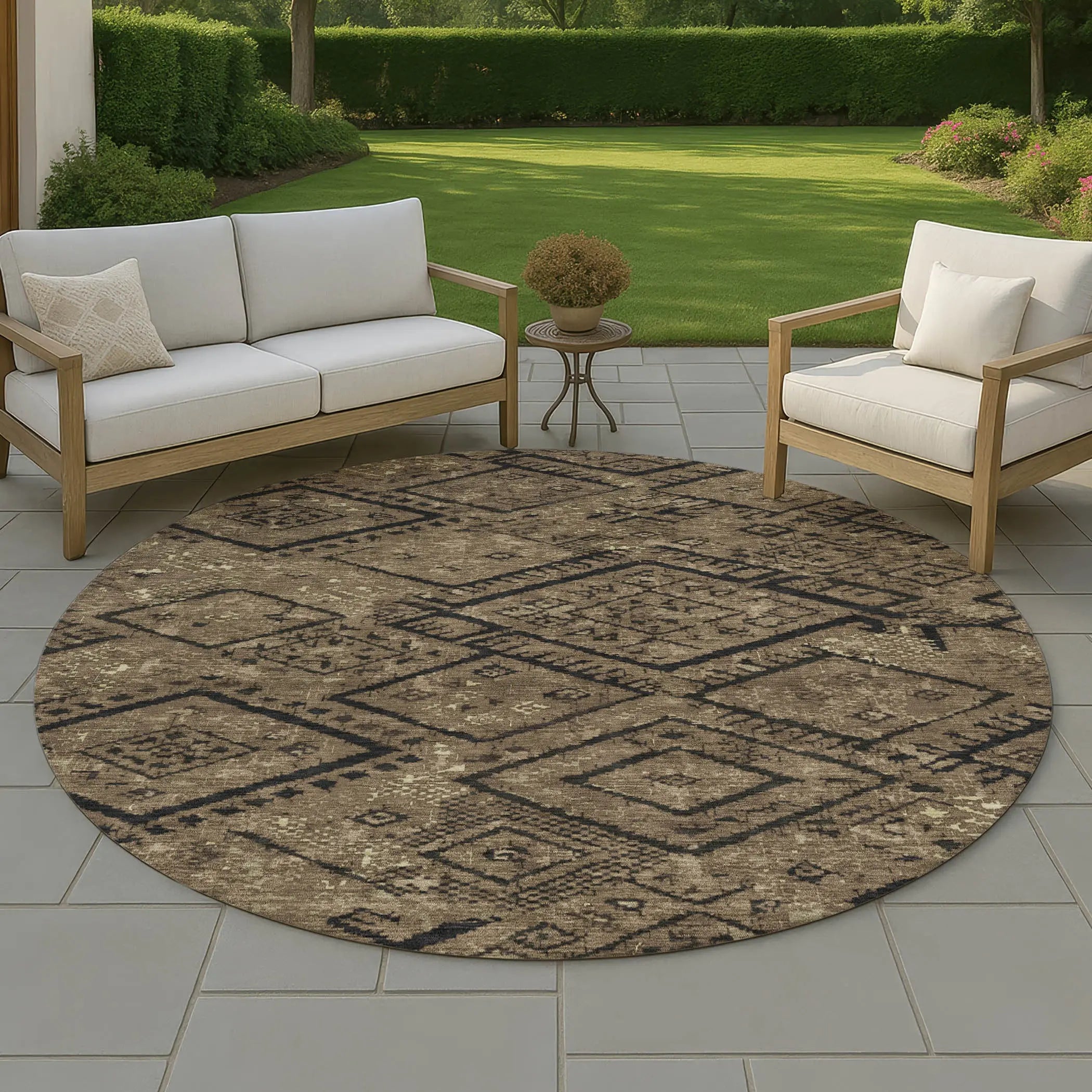 8' Chocolate And Brown Round Geometric Washable Indoor Outdoor Area Rug Homeroots Outdoor