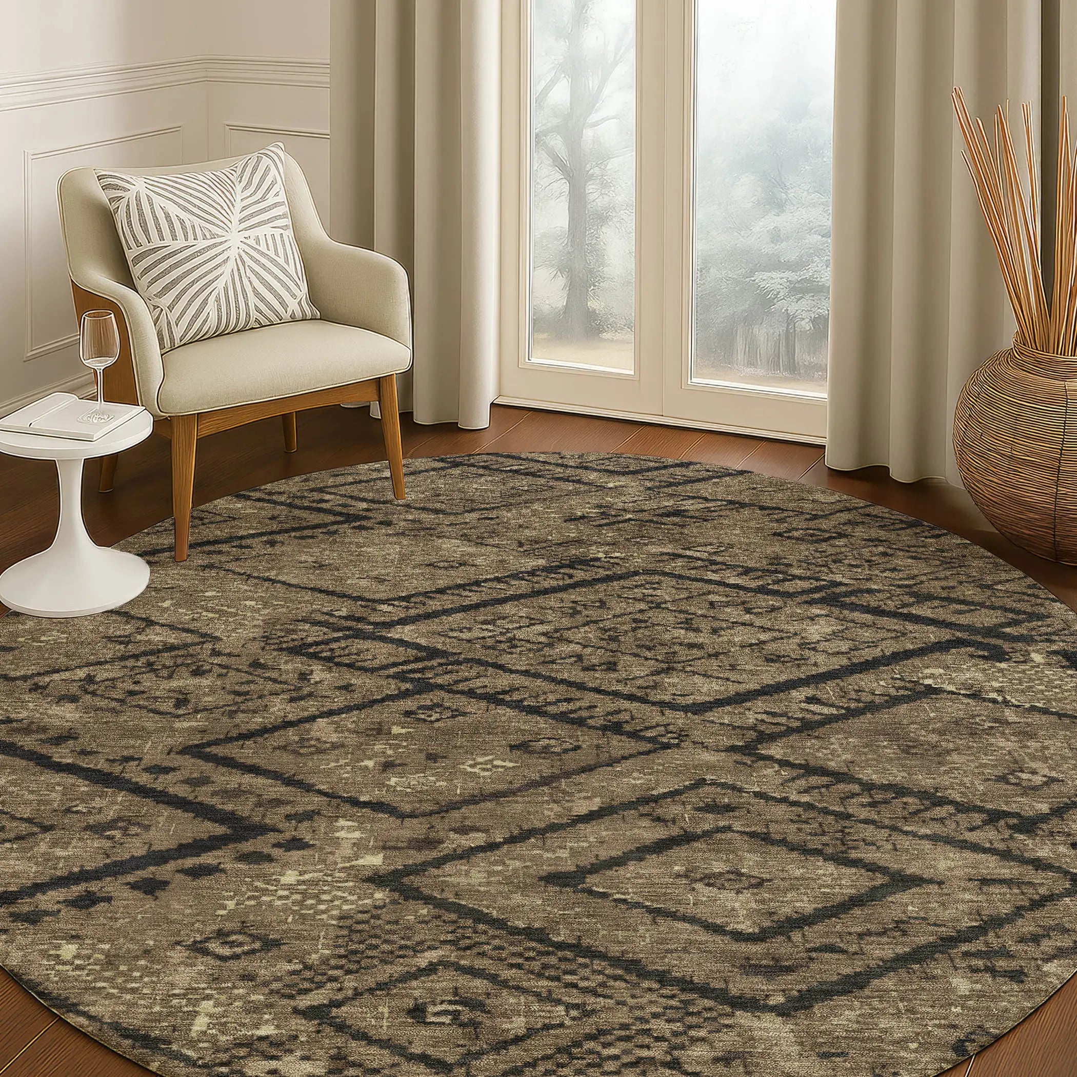 8' Chocolate And Brown Round Geometric Washable Indoor Outdoor Area Rug Homeroots Outdoor