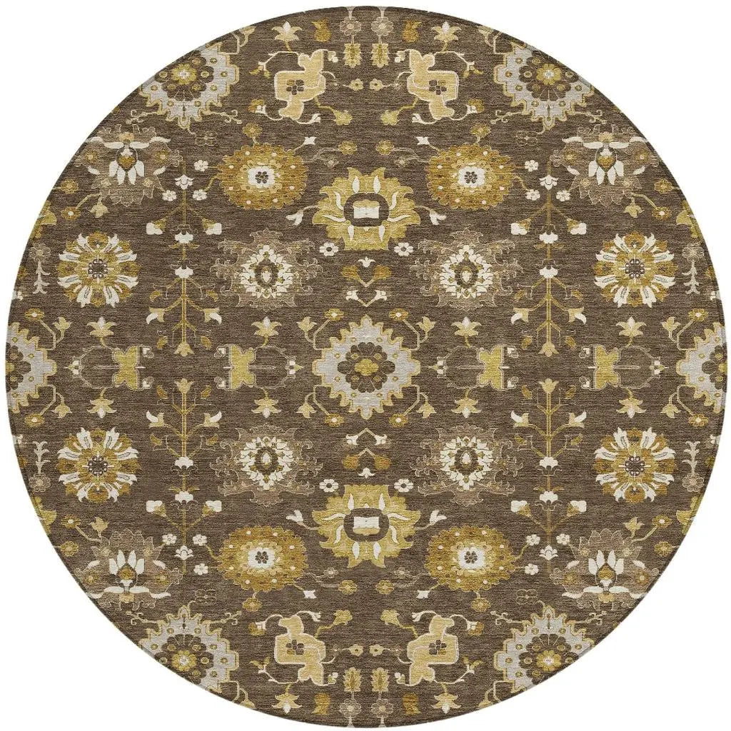 8' Chocolate And Brown Round Geometric Washable Indoor Outdoor Area Rug Homeroots Outdoor