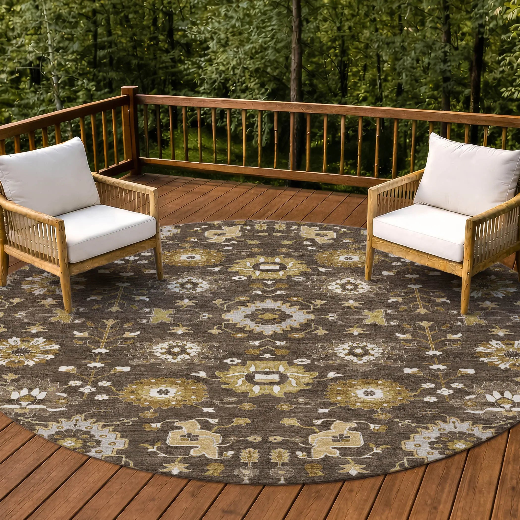 8' Chocolate And Brown Round Geometric Washable Indoor Outdoor Area Rug Homeroots Outdoor