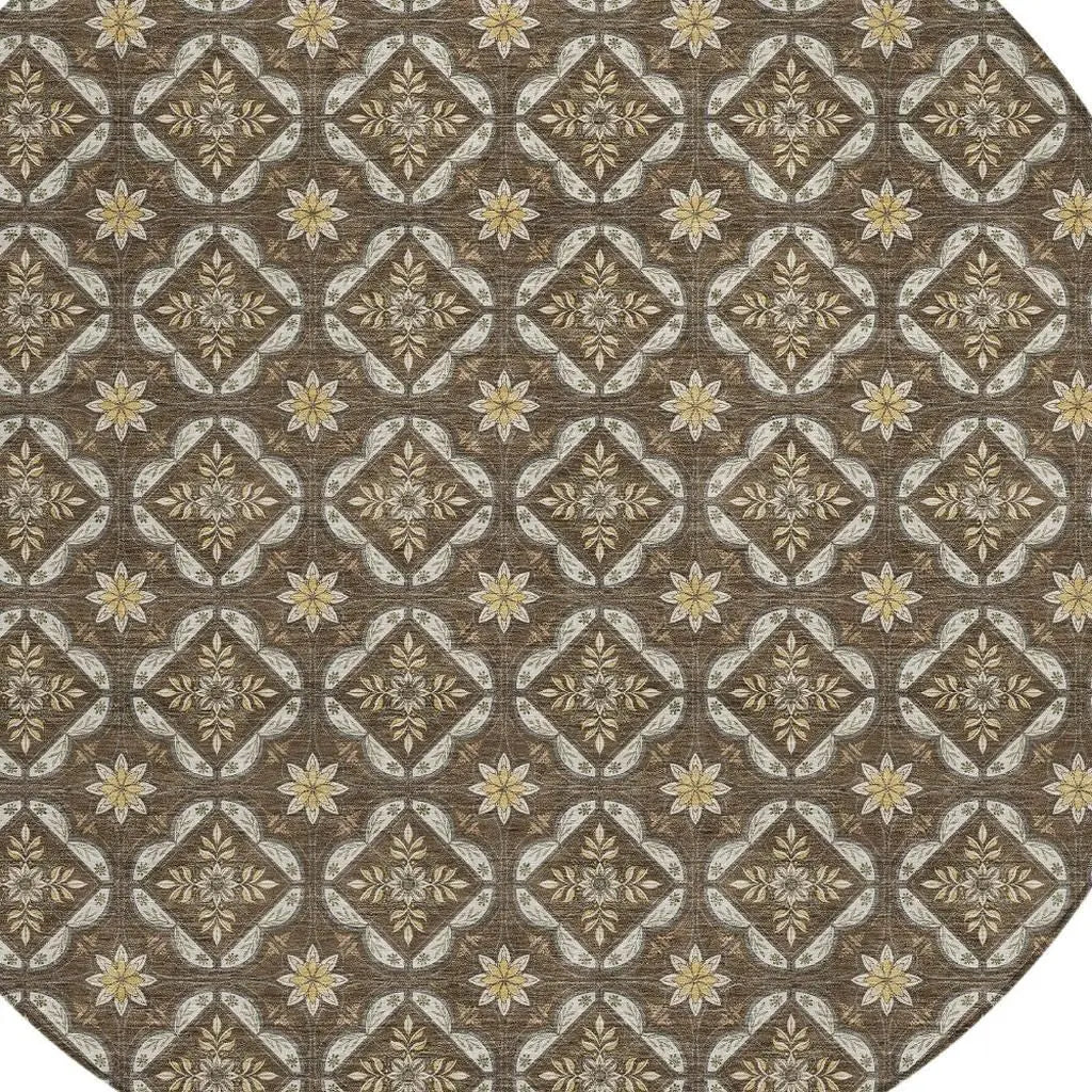8' Chocolate And Brown Round Geometric Washable Indoor Outdoor Area Rug Homeroots Outdoor