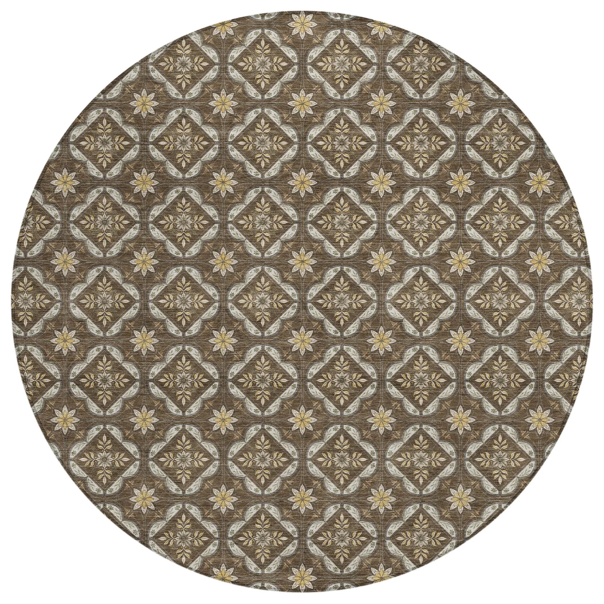 8' Chocolate And Brown Round Geometric Washable Indoor Outdoor Area Rug Homeroots Outdoor