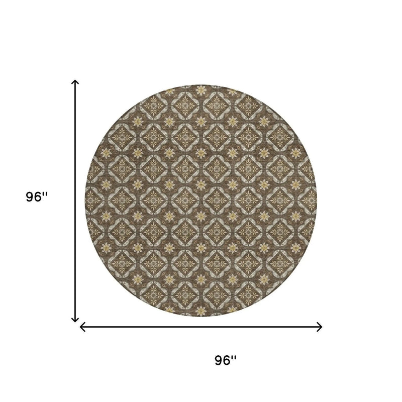8' Chocolate And Brown Round Geometric Washable Indoor Outdoor Area Rug Homeroots Outdoor