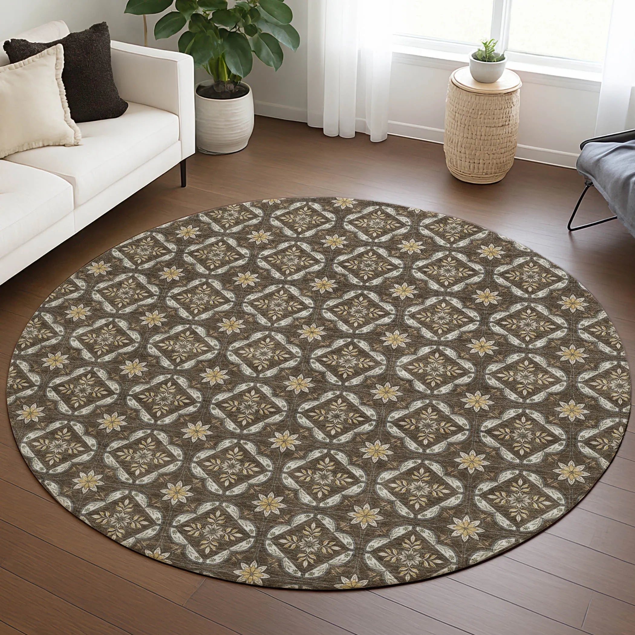 8' Chocolate And Brown Round Geometric Washable Indoor Outdoor Area Rug Homeroots Outdoor