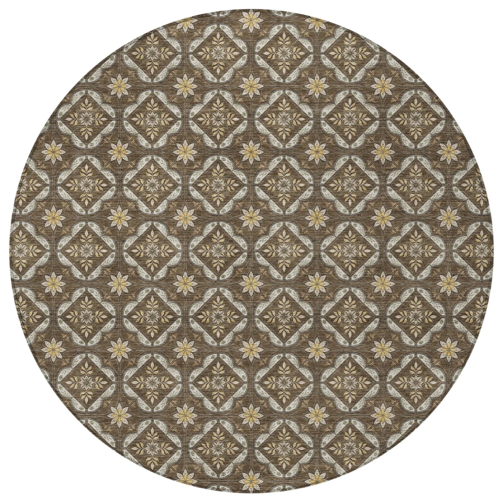8' Chocolate And Brown Round Geometric Washable Indoor Outdoor Area Rug Homeroots Outdoor