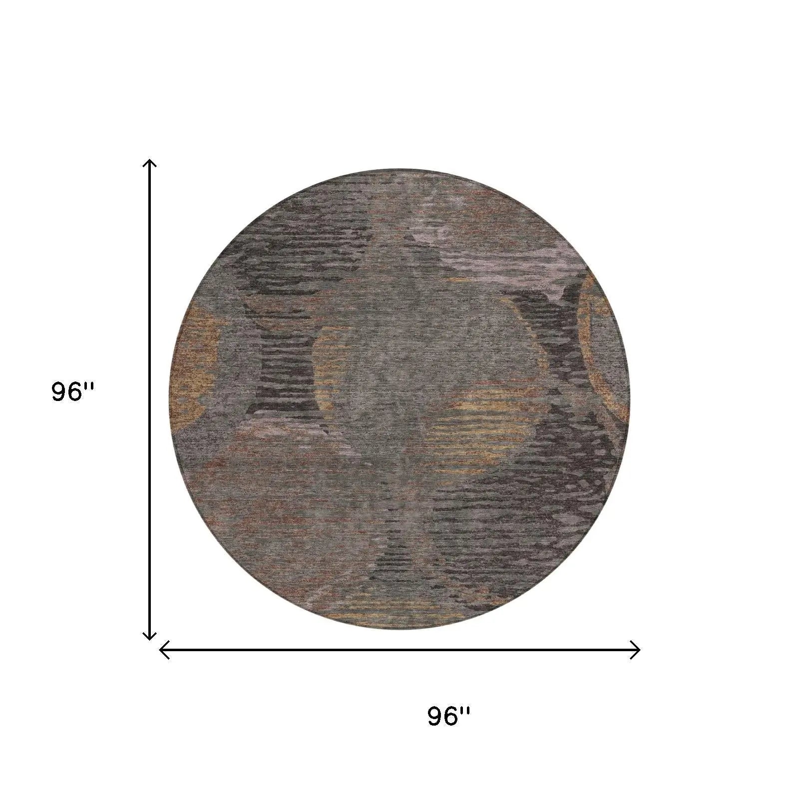 Round 96" area rug in gray and gold with abstract circular patterns, crafted from durable synthetic fibers.