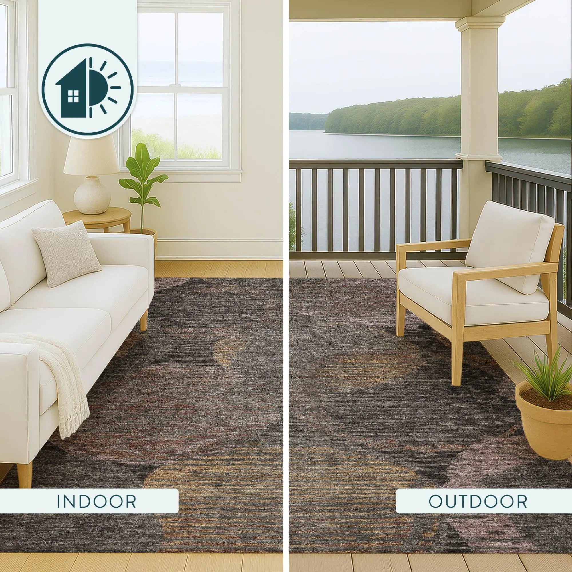 Indoor/outdoor grey woven area rug with floral design, perfect for enhancing modern living spaces and patios.