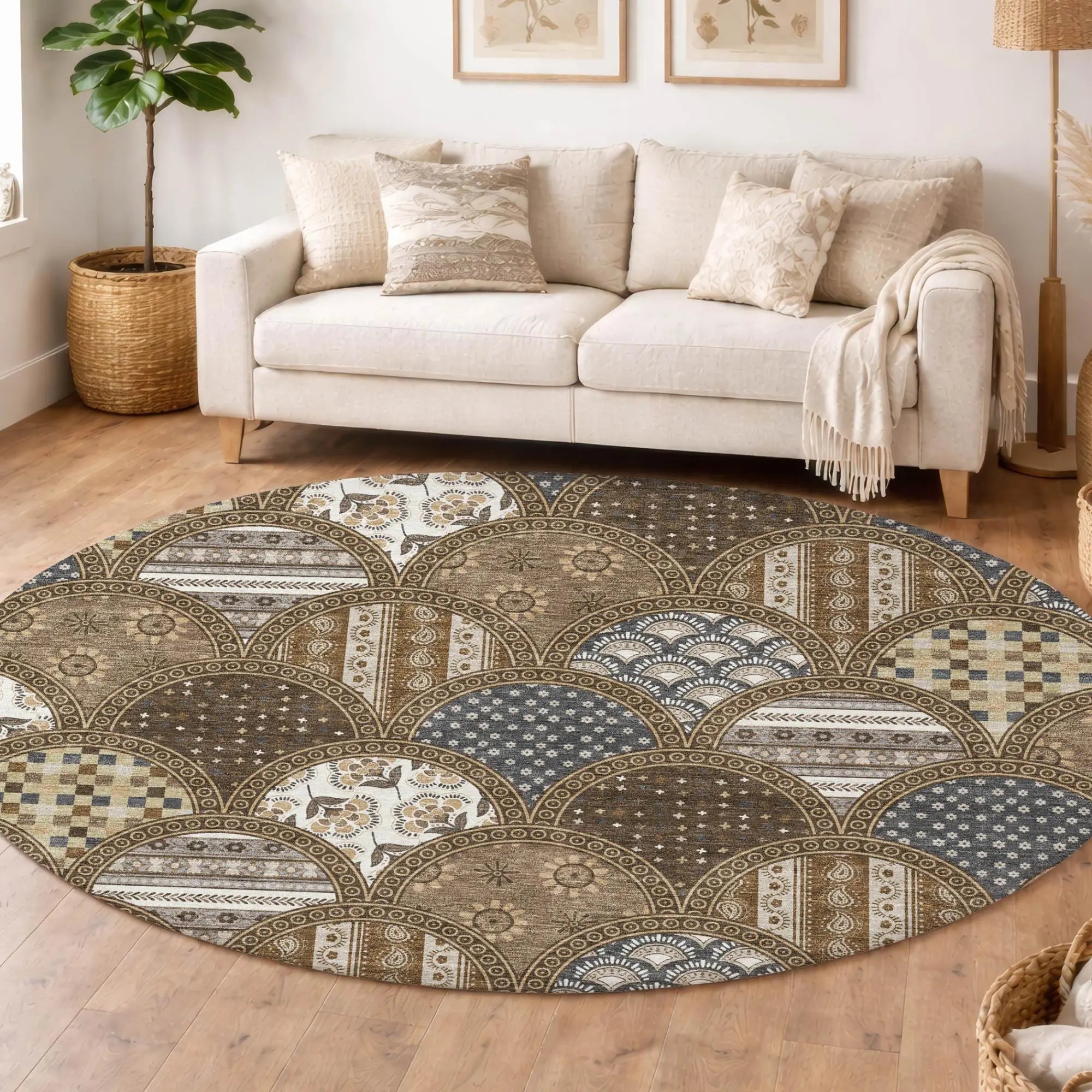 8' Chocolate And Brown Round Geometric Washable Indoor Outdoor Area Rug Homeroots Outdoor