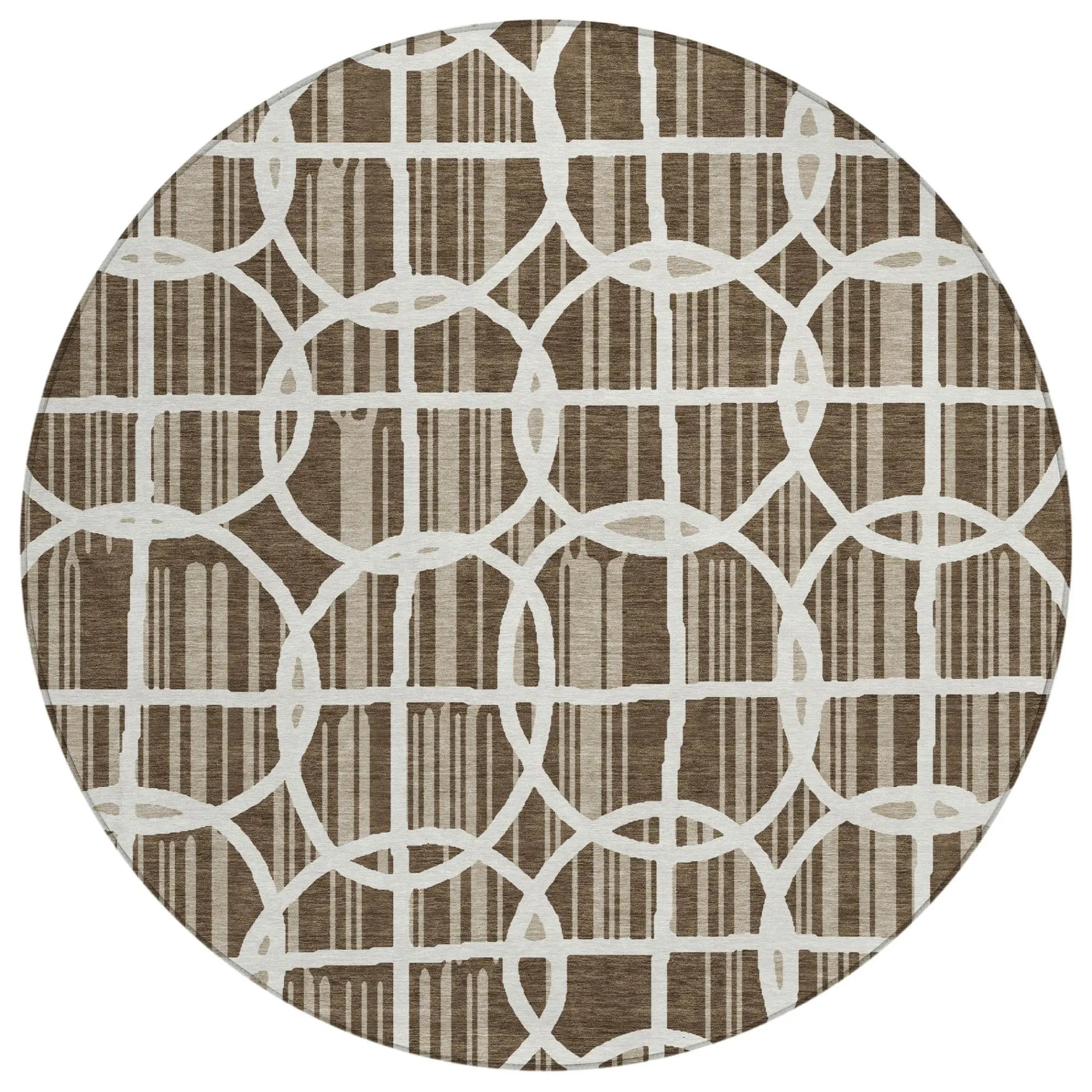 8' Chocolate And Brown Round Geometric Washable Indoor Outdoor Area Rug Homeroots Outdoor