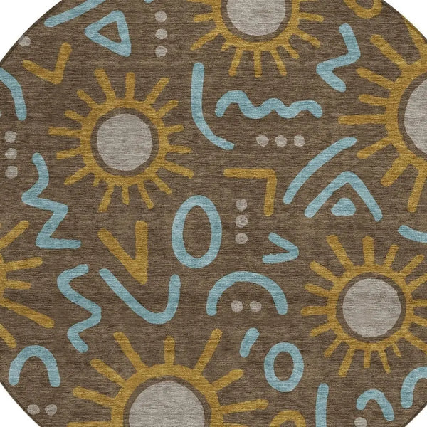 8' Chocolate And Brown Round Geometric Washable Indoor Outdoor Area Rug Homeroots Outdoor