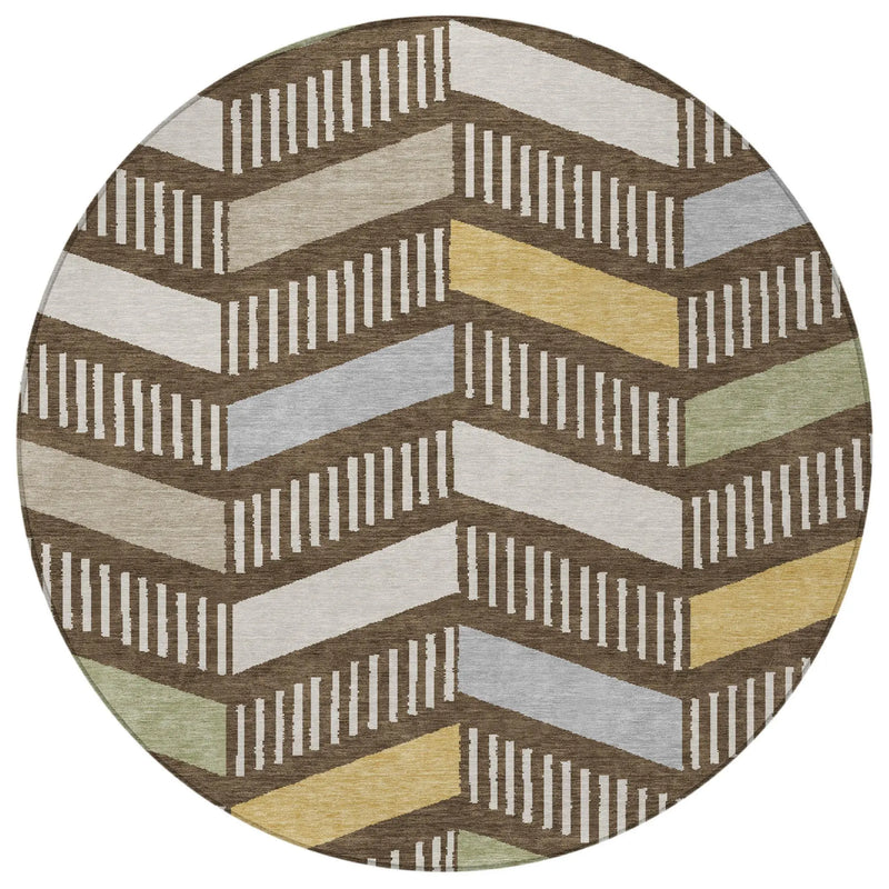 8' Chocolate And Brown Round Geometric Washable Indoor Outdoor Area Rug Homeroots Outdoor