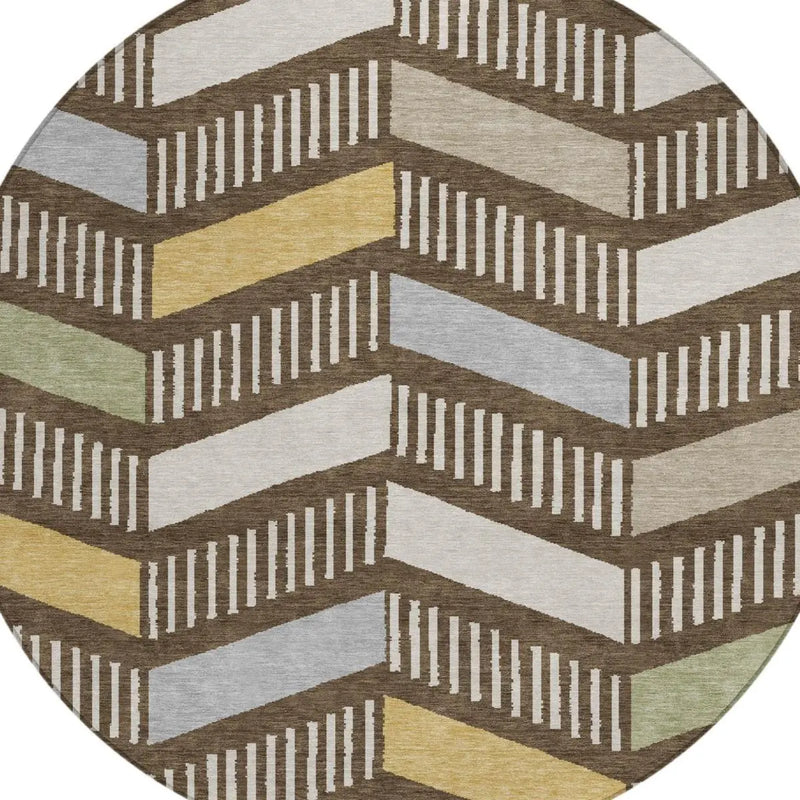 8' Chocolate And Brown Round Geometric Washable Indoor Outdoor Area Rug Homeroots Outdoor
