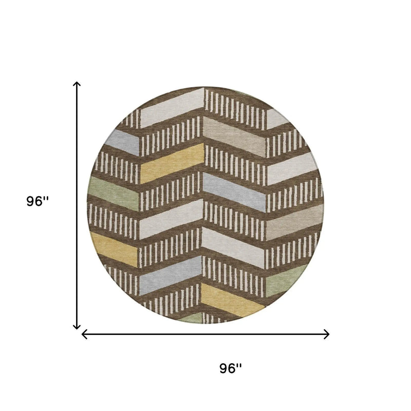 8' Chocolate And Brown Round Geometric Washable Indoor Outdoor Area Rug Homeroots Outdoor