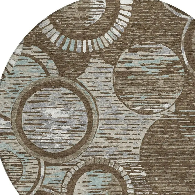 8' Chocolate And Brown Round Geometric Washable Indoor Outdoor Area Rug Homeroots Outdoor