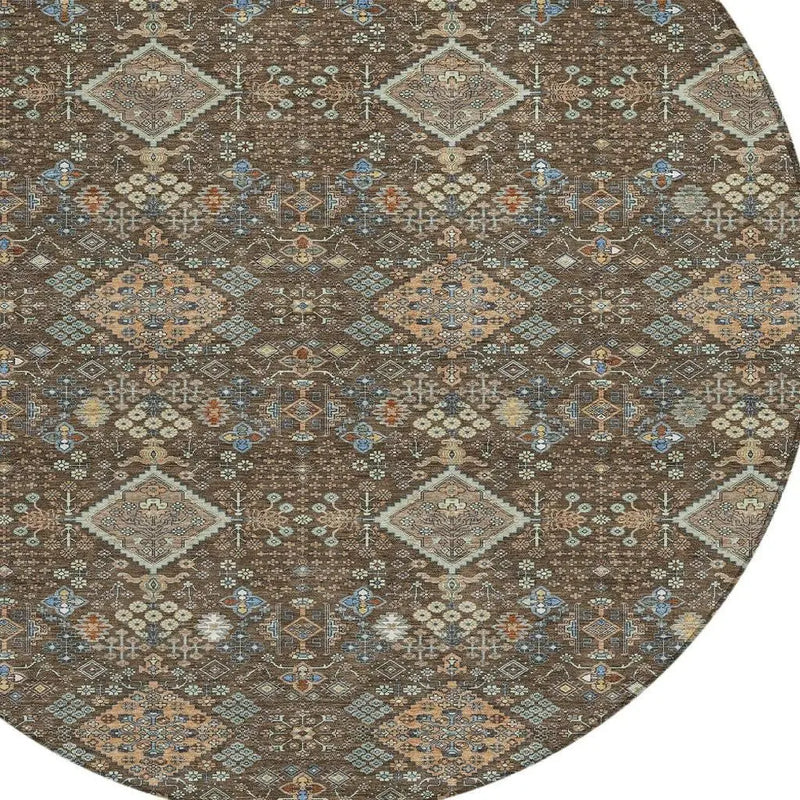 8' Chocolate And Brown Round Geometric Washable Indoor Outdoor Area Rug Homeroots Outdoor