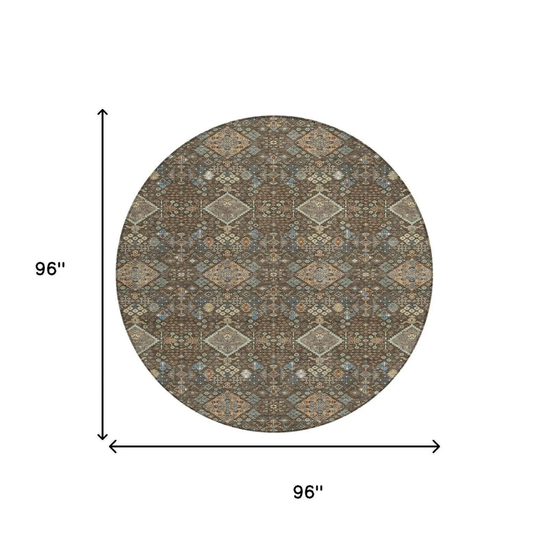8' Chocolate And Brown Round Geometric Washable Indoor Outdoor Area Rug Homeroots Outdoor