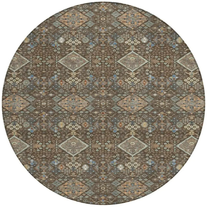 8' Chocolate And Brown Round Geometric Washable Indoor Outdoor Area Rug Homeroots Outdoor