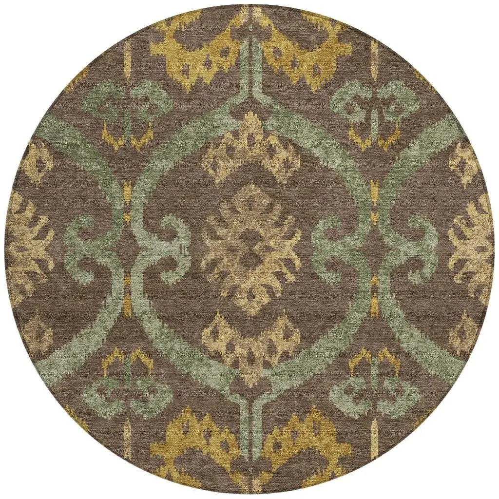 8' Chocolate And Brown Round Ikat Washable Indoor Outdoor Area Rug Homeroots Outdoor