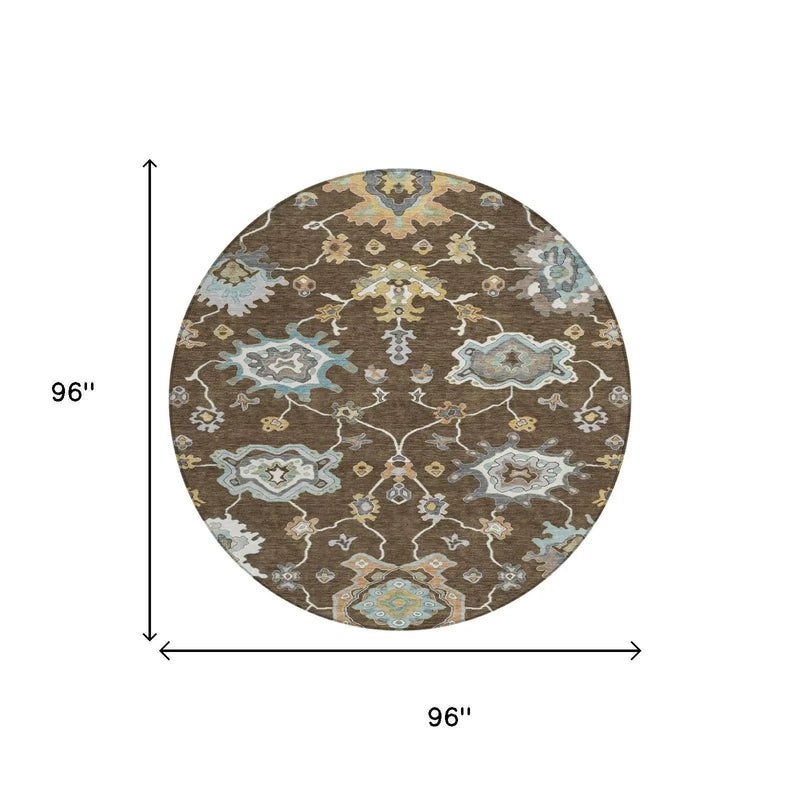 8' Chocolate And Brown Round Oriental Washable Indoor Outdoor Area Rug Homeroots Outdoor