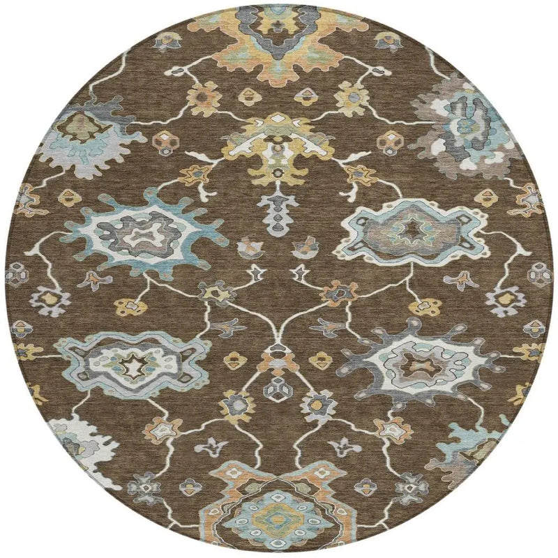 8' Chocolate And Brown Round Oriental Washable Indoor Outdoor Area Rug Homeroots Outdoor