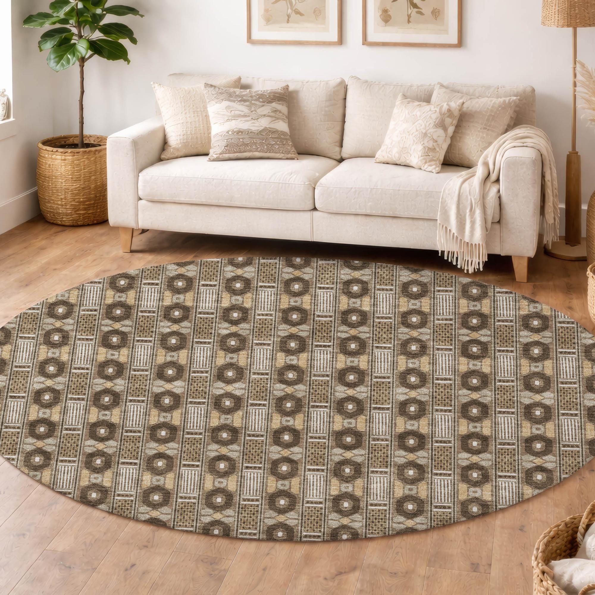 8' Chocolate And Brown Round Striped Washable Indoor Outdoor Area Rug Homeroots Outdoor