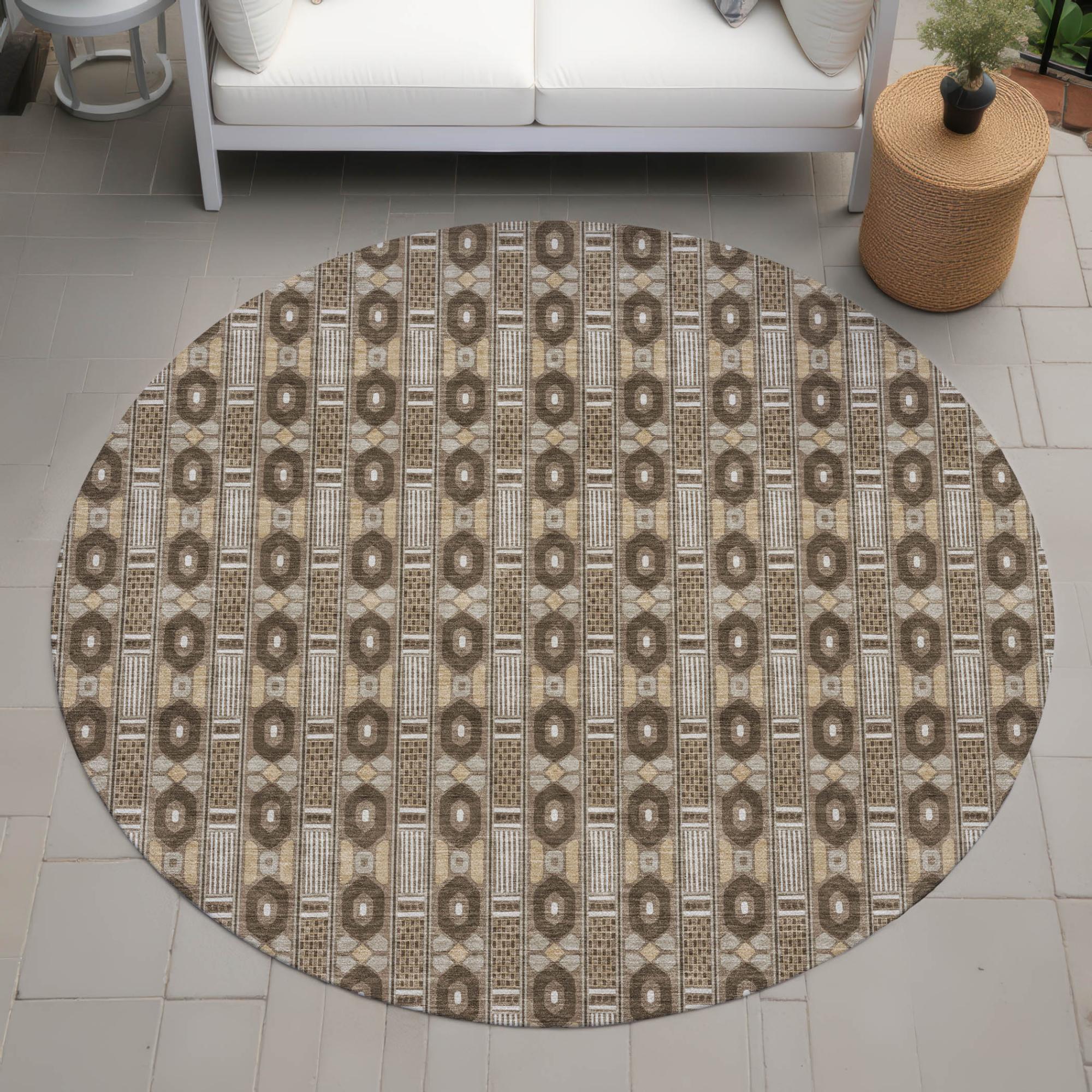 8' Chocolate And Brown Round Striped Washable Indoor Outdoor Area Rug Homeroots Outdoor