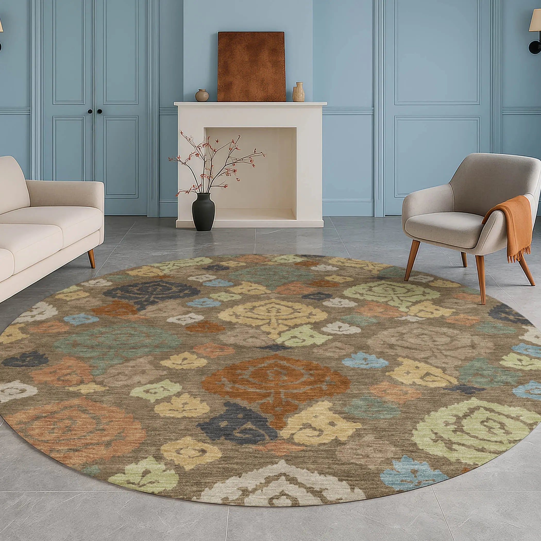 8' Chocolate And Charcoal Round Damask Washable Indoor Outdoor Area Rug Homeroots Outdoor