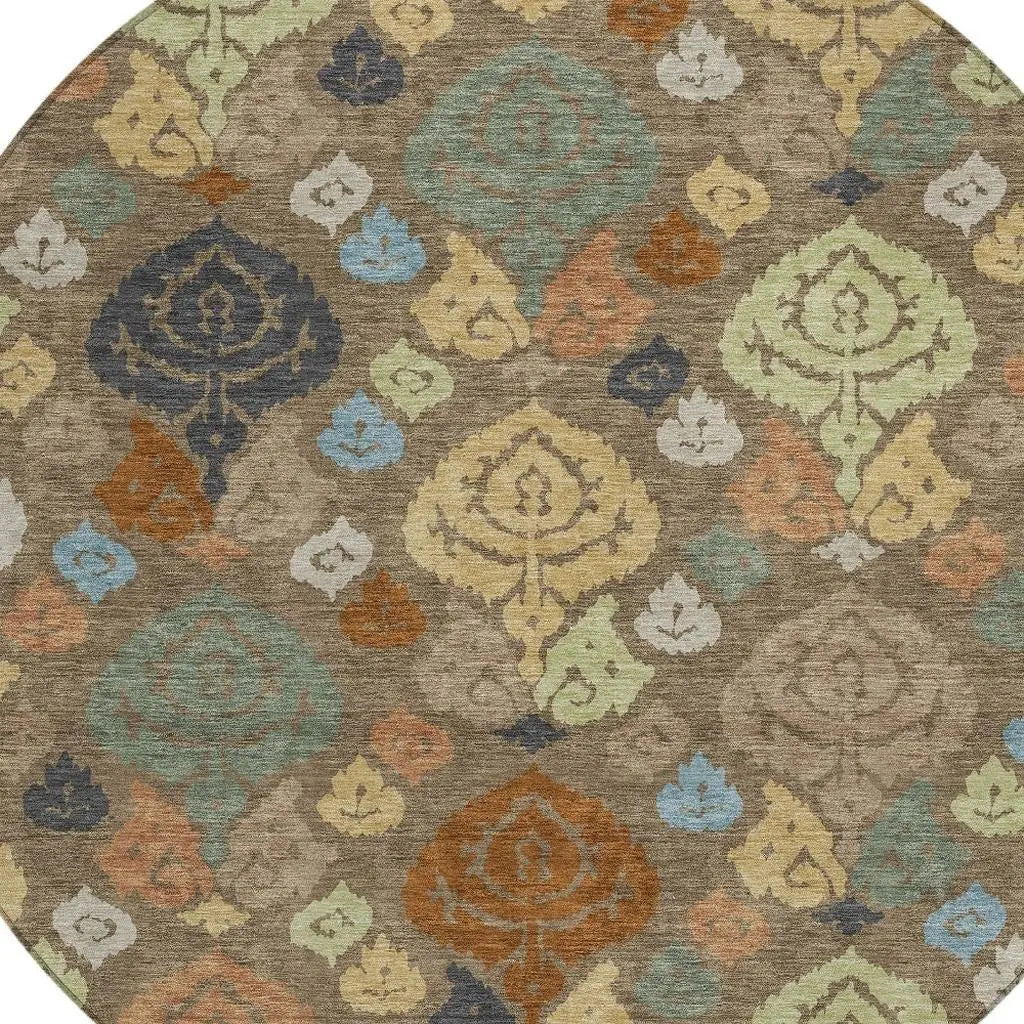 8' Chocolate And Charcoal Round Damask Washable Indoor Outdoor Area Rug Homeroots Outdoor