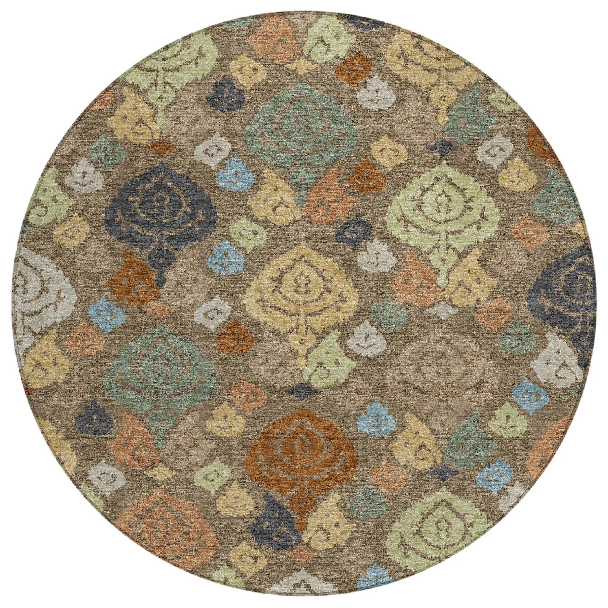 8' Chocolate And Charcoal Round Damask Washable Indoor Outdoor Area Rug Homeroots Outdoor